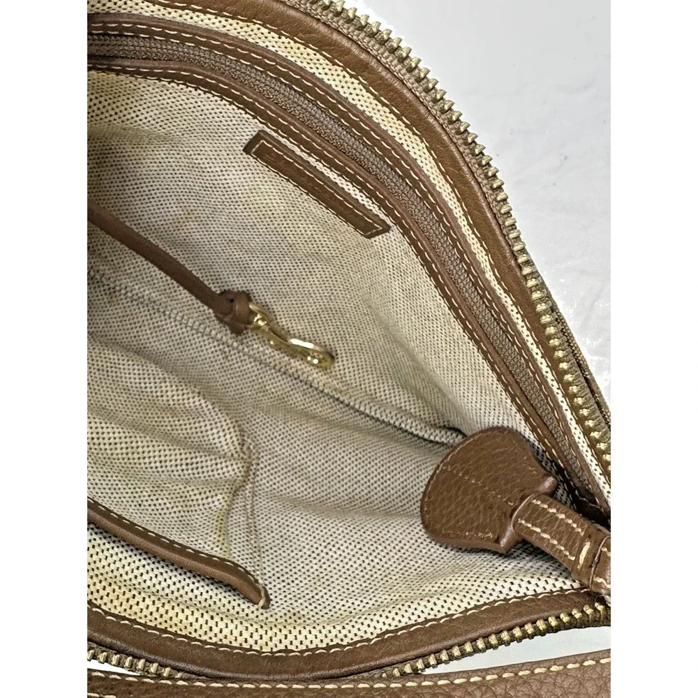 Vtg Dooney Bourke Purse DB Logo Canvas Jacquard Leather‎ Trim Brown Slim